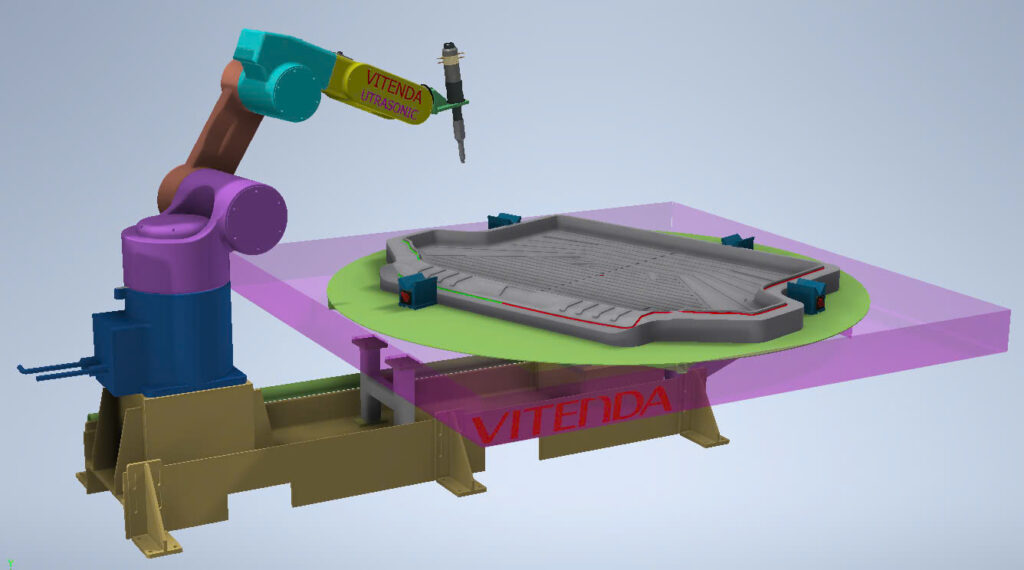 Cắt tấm lót sàn ô tô nhựa TPE bằng robot cắt siêu âm Vitenda