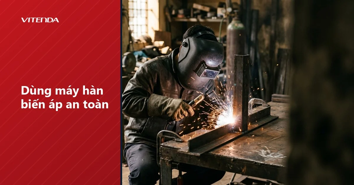 Thợ hàn đội mặt nạ, đeo găng và mặc đồ bảo hộ hàn thép góc trong xưởng cơ khí