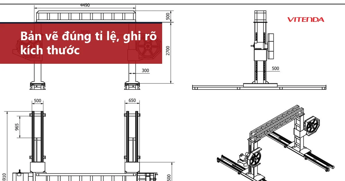 Bản vẽ kỹ thuật máy cắt dây CNC Vitenda có ghi kích thước từng chi tiết, ví dụ bản vẽ đúng tỉ lệ