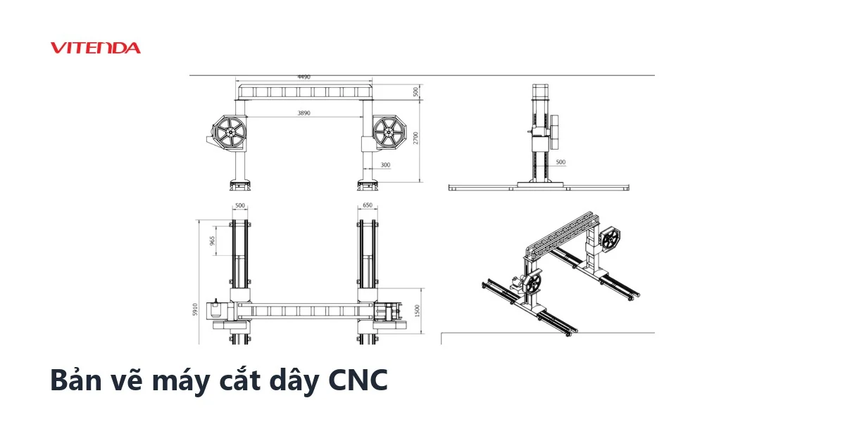 Bản vẽ kỹ thuật tổng quan máy cắt dây CNC Vitenda với các kích thước khung, ray chạy và cột máy
