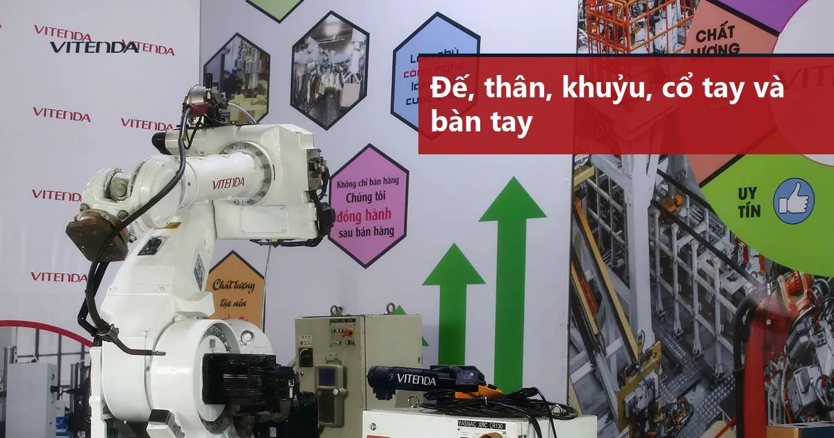 Cánh tay robot công nghiệp màu trắng với đế, thân, khuỷu và cổ tay, đặt cạnh tủ điều khiển trong xưởng Vitenda