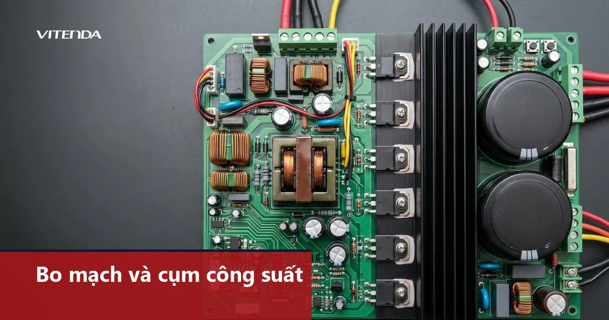 Ảnh minh hoạ bo mạch công suất máy hàn inverter với tụ điện lớn, tản nhiệt và các linh kiện bán dẫn