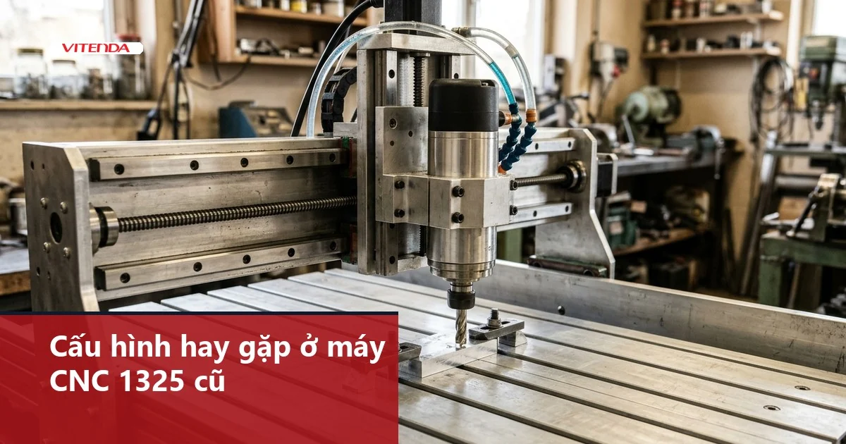 Ảnh minh hoạ cổng máy CNC router có ray vuông, vít me và trục chính đặt trên bàn nhôm rãnh T