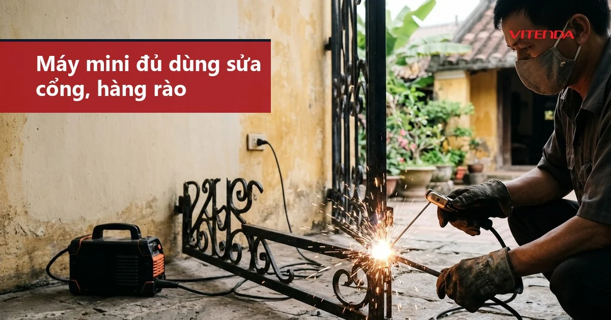 Thợ hàn dùng máy hàn que mini cắm ổ điện để sửa cánh cổng sắt trong sân nhà, ảnh minh hoạ
