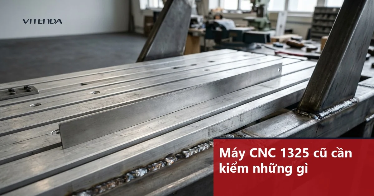 Ảnh minh hoạ thước kiểm đặt trên bàn máy CNC router rãnh T cạnh mối hàn khung sườn