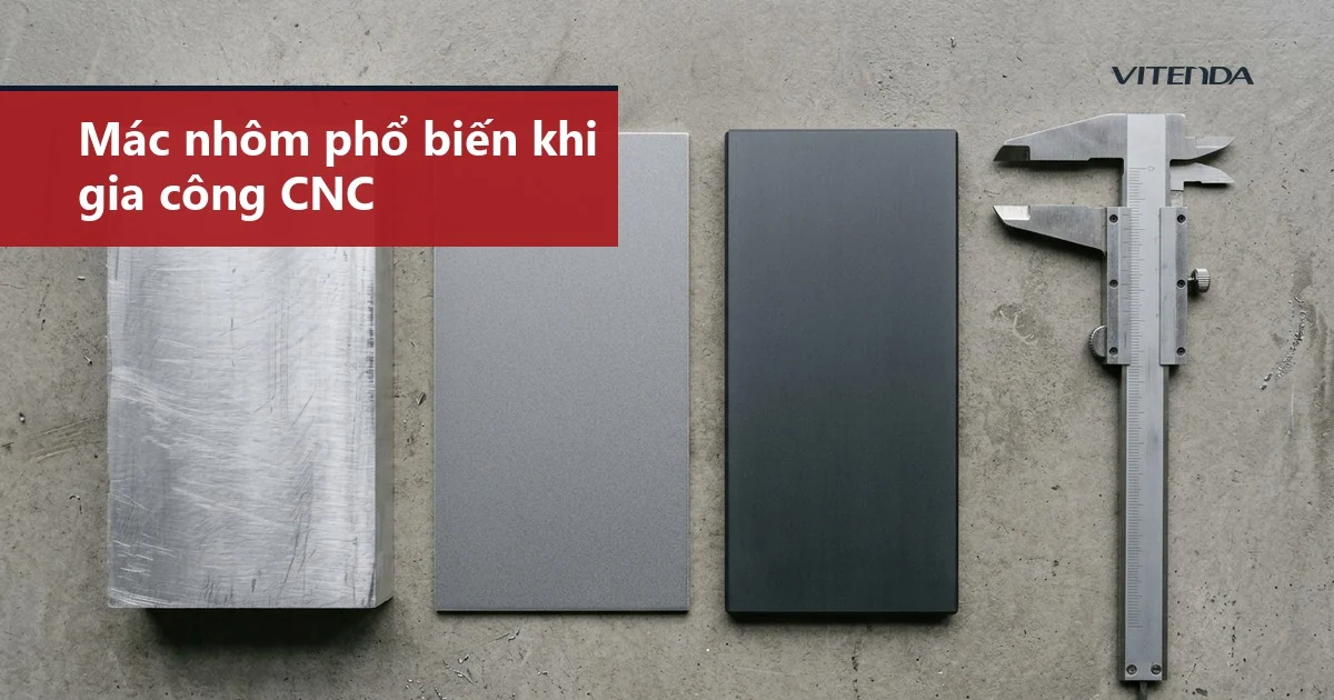 Ảnh minh hoạ ba dạng phôi nhôm gồm khối thô, tấm xám và tấm anod đen cạnh một thước cặp trên bàn xưởng