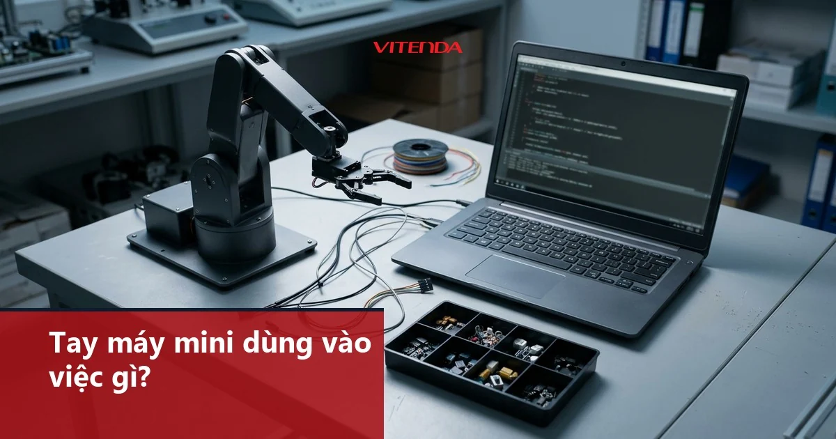 Ảnh minh hoạ tay robot mini đặt cạnh laptop và khay linh kiện trên bàn trong phòng thực hành