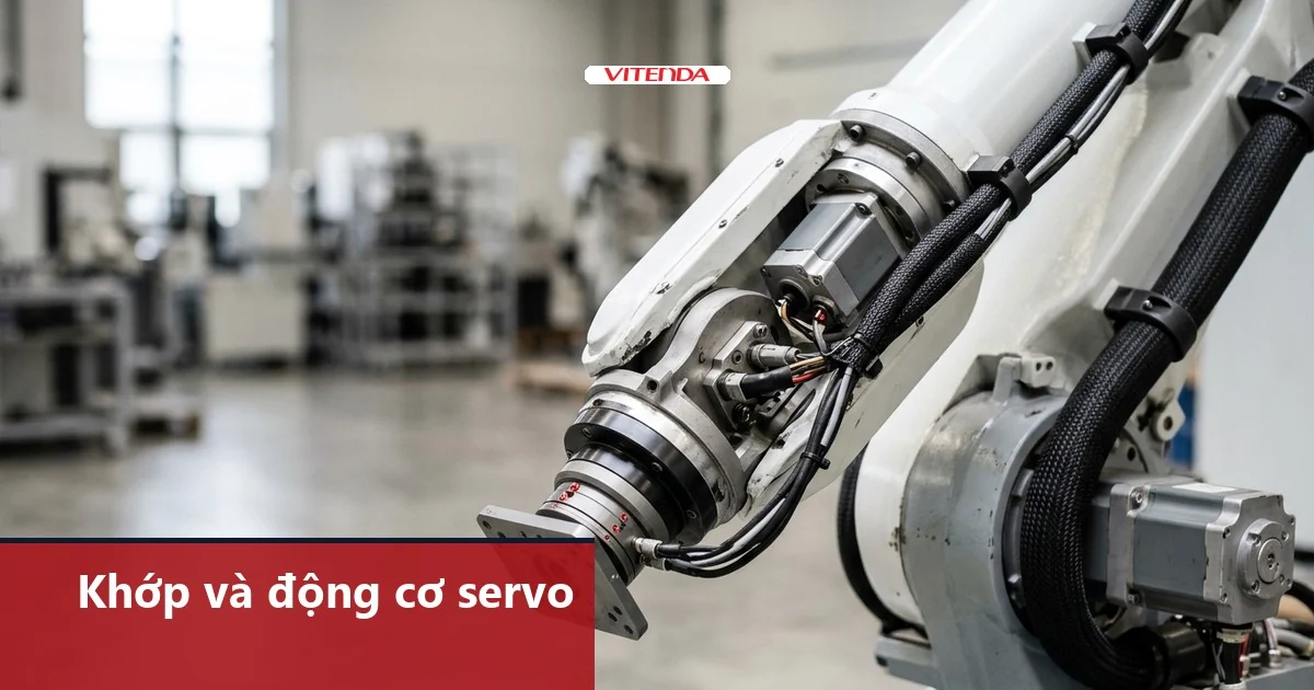 Hình minh hoạ cận cảnh khớp cổ tay và động cơ servo của một cánh tay robot công nghiệp màu trắng trong xưởng