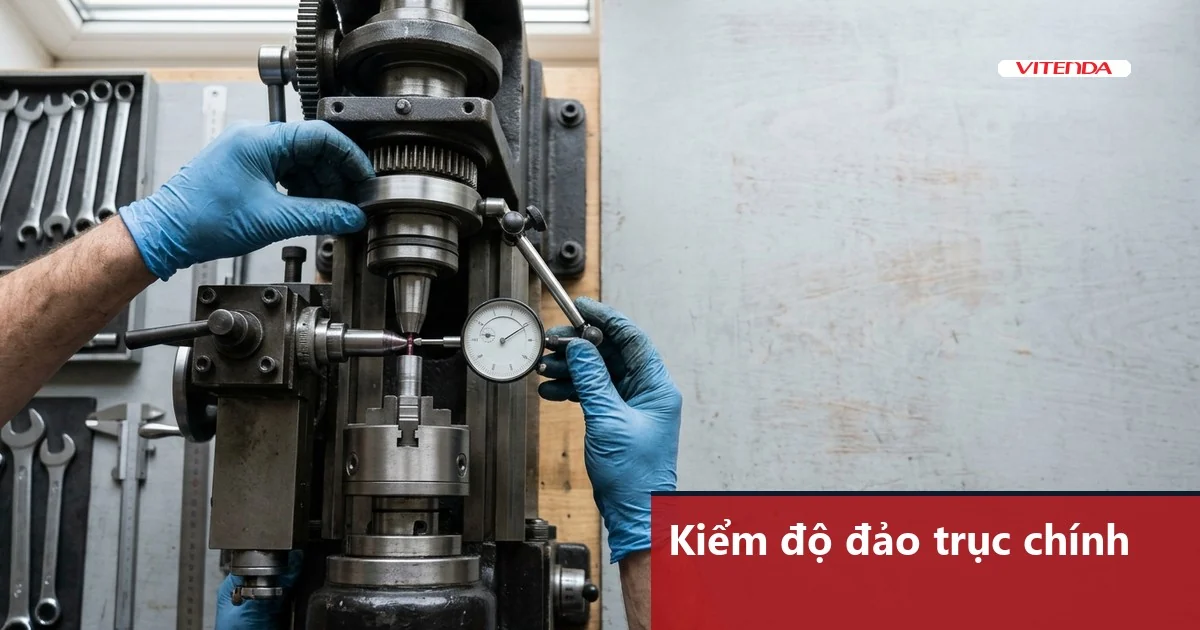 Hai bàn tay đeo găng dùng đồng hồ so kiểm độ đảo trục chính của một máy công cụ trên bàn xưởng