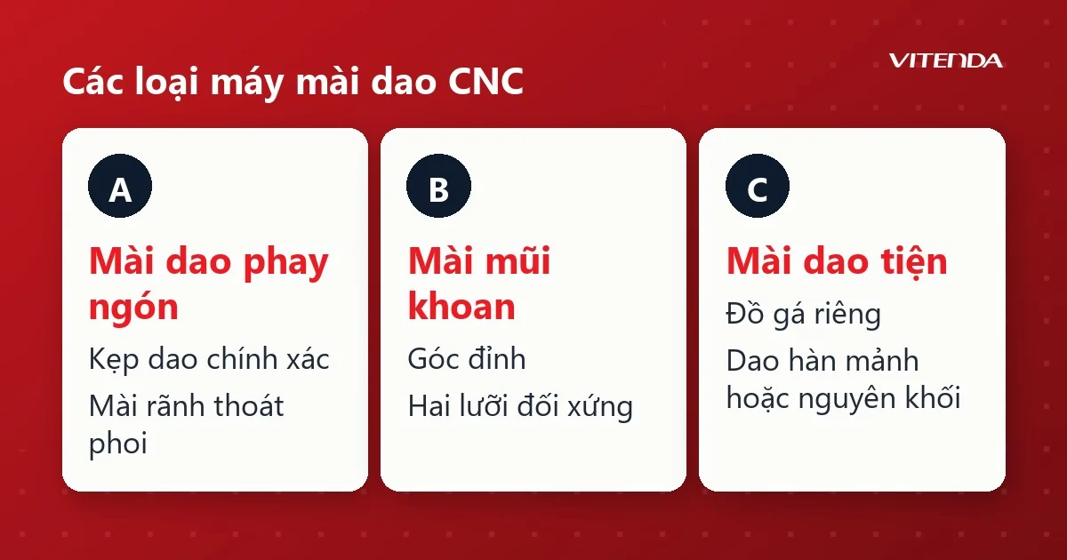 Ba thẻ tóm tắt loại máy mài dao CNC: mài dao phay ngón, mài mũi khoan và mài dao tiện cùng điểm lưu ý của từng loại