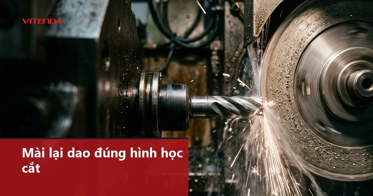 Cận cảnh đá mài kim cương đang mài rãnh một dao phay ngón hợp kim cứng trong máy mài dao CNC