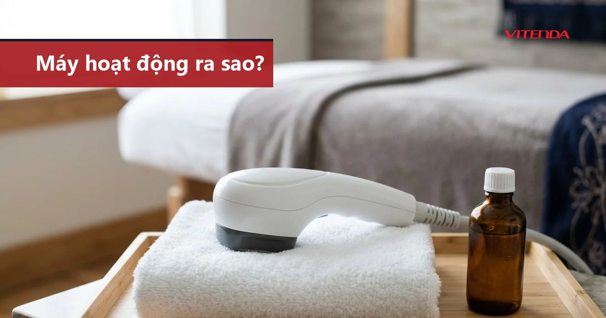 Minh hoạ tay cầm của máy điêu khắc body đặt trên khăn trắng cạnh chai gel trong phòng spa