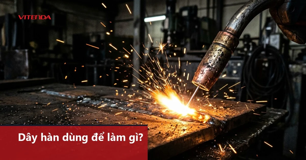 Đầu súng hàn MIG cấp dây hàn vào hồ quang, tia lửa bắn trên tấm thép (ảnh minh hoạ)