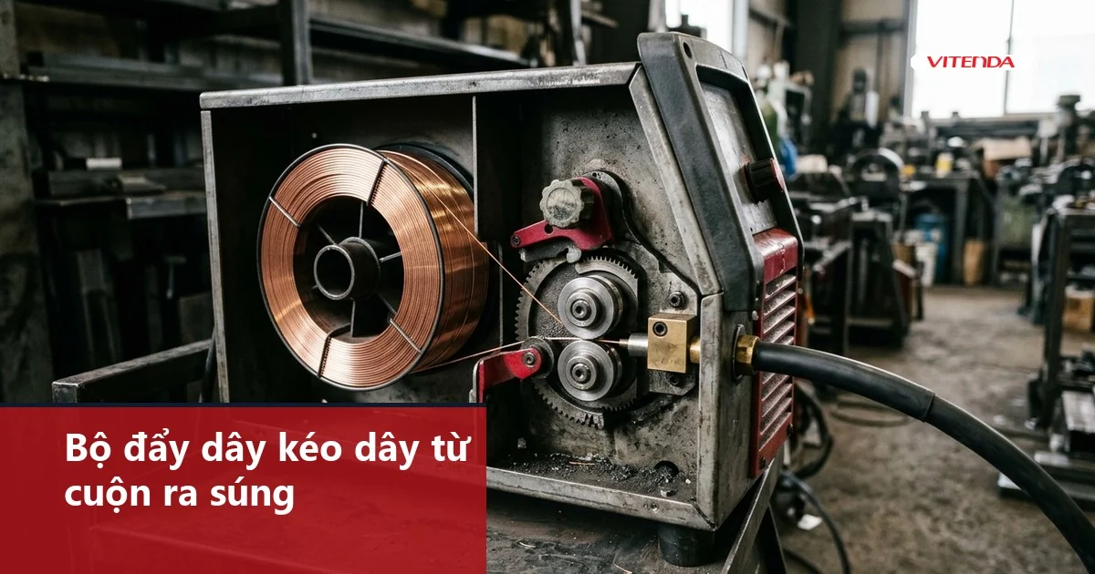 Khoang bộ đẩy dây của máy hàn dây: cuộn dây hàn đồng và hai con lăn kéo dây ra ống dẫn