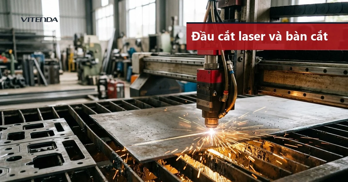 Ảnh minh hoạ đầu cắt của máy cắt laser CNC đang cắt tấm thép trên bàn cắt trong xưởng, tia lửa bắn ra từ đường cắt