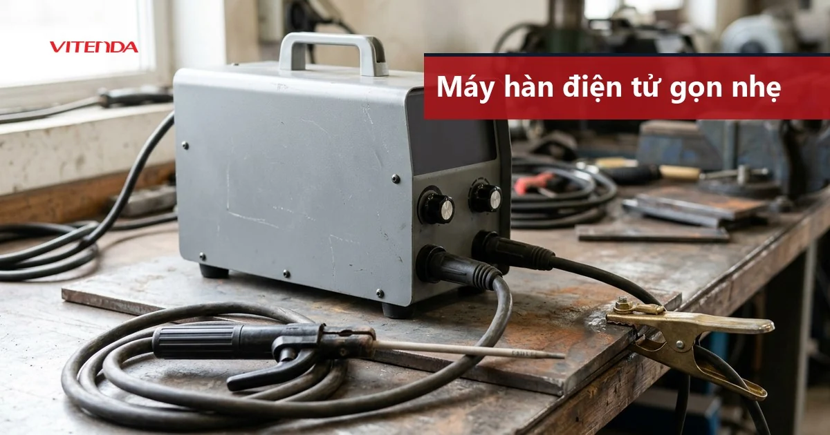 Máy hàn điện tử gọn nhẹ đặt trên bàn xưởng, kèm kìm hàn que và kẹp mát