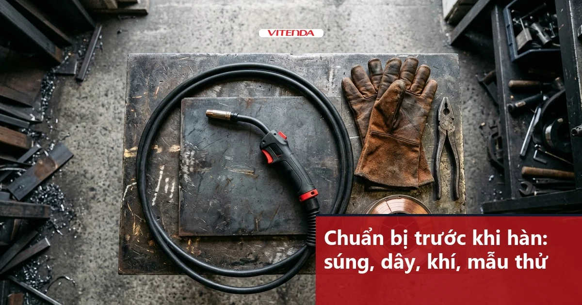 Bàn hàn nhìn từ trên xuống: súng hàn, dây dẫn, cuộn dây, găng tay và kìm đặt cạnh tấm thép mẫu