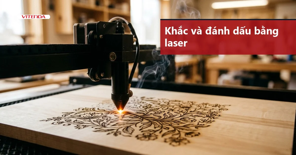 Đầu máy khắc laser đang khắc họa tiết hoa lên tấm gỗ, có làn khói mỏng bốc lên