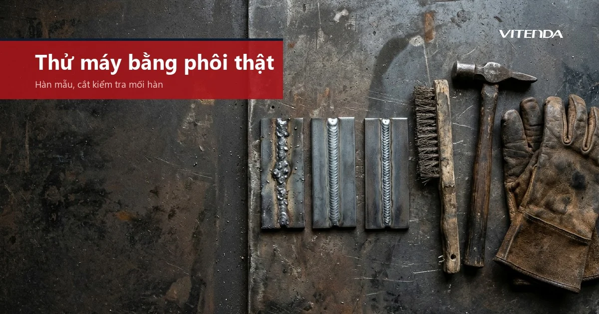 Ba tấm thép hàn mẫu đặt cạnh bàn chải sắt, búa gõ xỉ và găng da trên bàn thợ, dùng để kiểm tra mối hàn