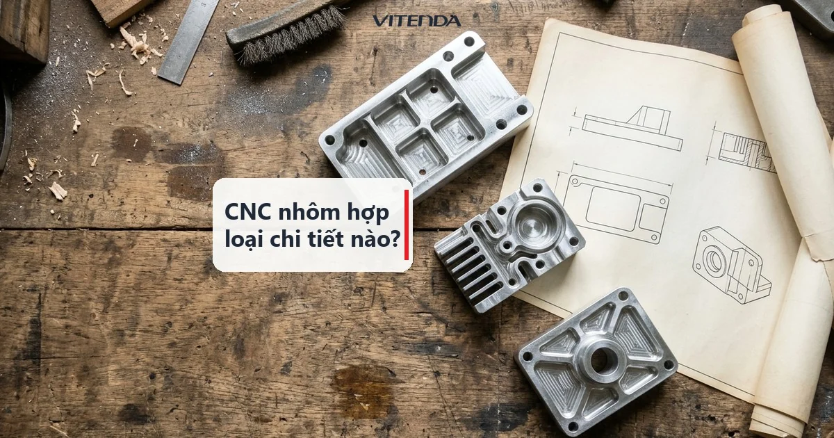 Ảnh minh hoạ ba chi tiết nhôm phay nhiều mặt đặt cạnh bản vẽ kỹ thuật trên bàn xưởng, ví dụ cho CNC nhôm theo yêu cầu