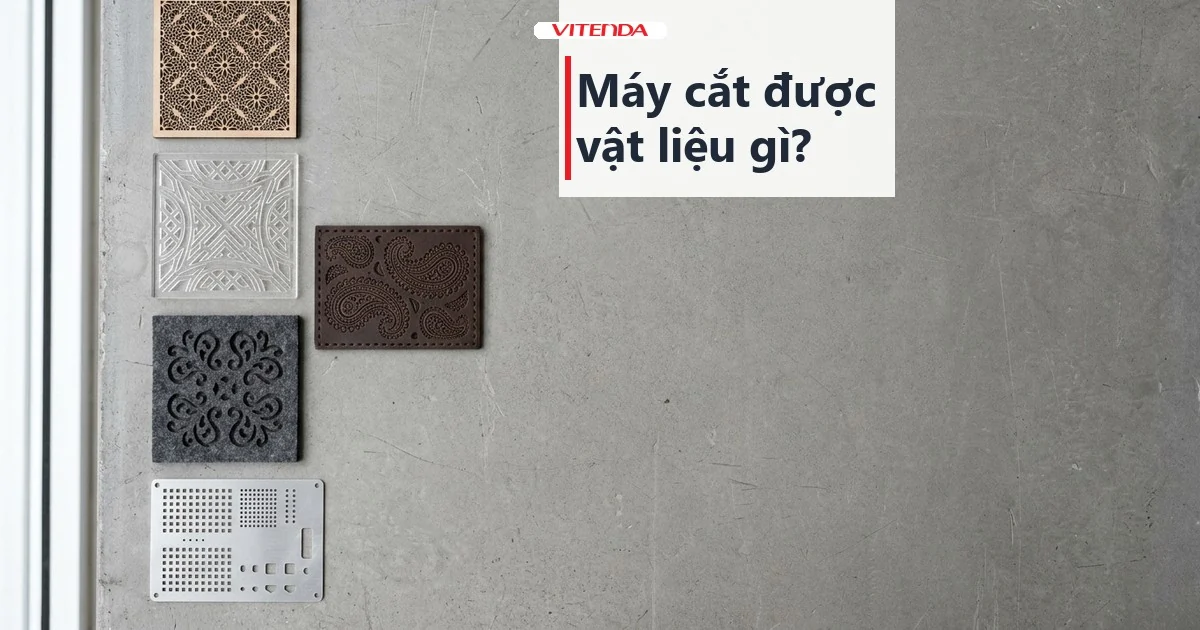 Ảnh minh hoạ các mẫu gỗ, mica, da, nỉ và kim loại mỏng cắt hoa văn trên mặt bàn xám