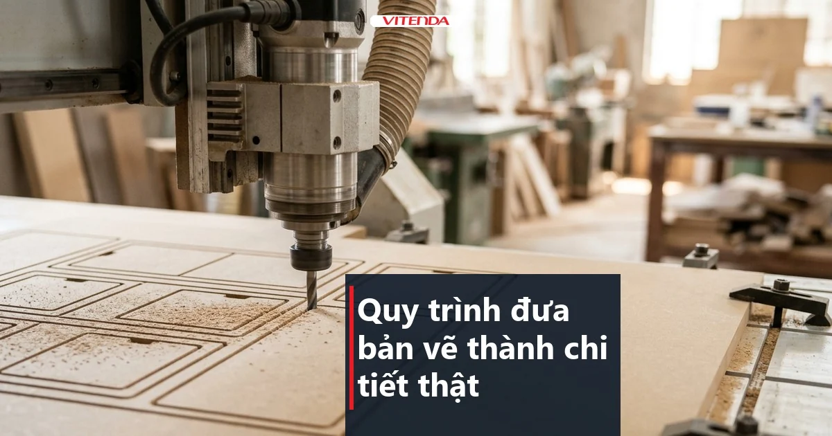 Cảnh minh hoạ dao phay máy CNC gỗ công nghiệp chạy theo đường cắt các chi tiết tủ trên tấm ván MDF