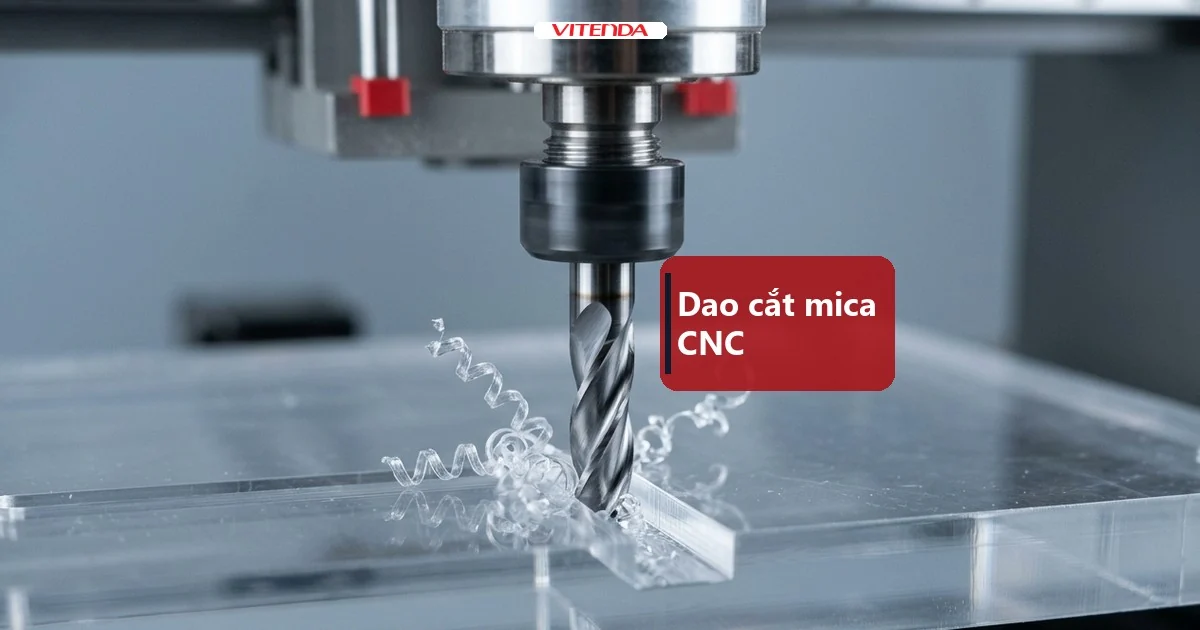 Cận cảnh mũi dao phay đang cắt tấm mica trong suốt trên máy CNC, phoi nhựa xoắn bật lên khỏi rãnh cắt