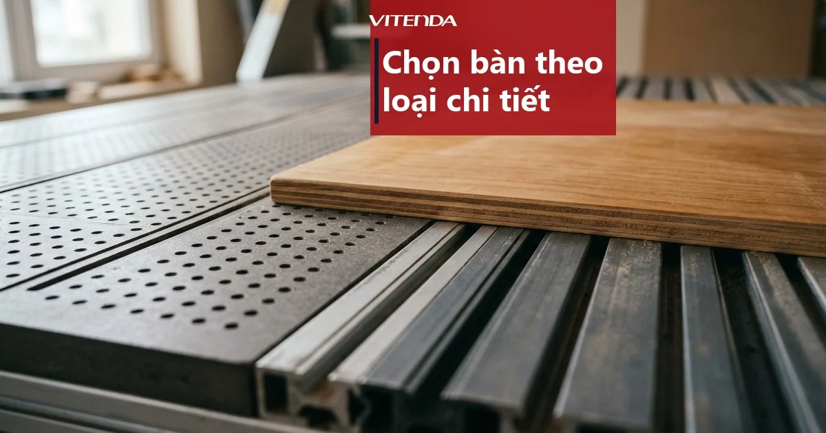 Ảnh minh hoạ cận cảnh mặt bàn máy CNC router có vùng lỗ hút chân không và các rãnh T, một tấm ván đặt một phần lên bàn