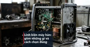 Máy hàn mở nắp thấy bo mạch, quạt và cụm biến áp bên trong, ảnh minh hoạ cho bài linh kiện máy hàn