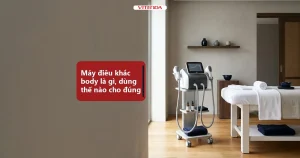 Minh hoạ phòng spa có máy điêu khắc body hai tay cầm trên xe đẩy cạnh giường massage