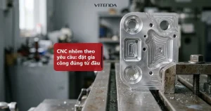 Chi tiết nhôm phay nhiều túi và lỗ kẹp trên bàn máy CNC trong xưởng, ảnh minh hoạ cho CNC nhôm theo yêu cầu