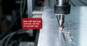 Mũi dao khắc CNC cắt rãnh trên tấm nhôm, phoi kim loại bắn ra, minh hoạ khắc CNC kim loại