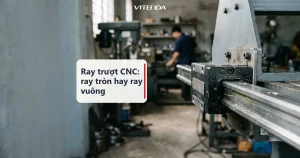 Cụm ray vuông và con trượt trên trục máy CNC trong xưởng cơ khí, ảnh minh hoạ bối cảnh