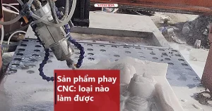 Đầu dao phay máy CNC đang gia công phù điêu đá trên bàn máy, bìa bài sản phẩm phay CNC