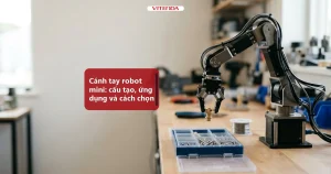 Ảnh minh hoạ cánh tay robot mini trên bàn làm việc gắp chi tiết nhỏ, kèm tiêu đề cánh tay robot mini