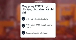 Bìa bài máy phay CNC 5 trục với ba ý chính: ít lần gá, phần mềm CAM, tay nghề người vận hành